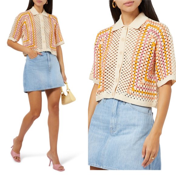 sandro sacramento crochet cardigan knit luke button down collared crop top - Picture 6 of 12